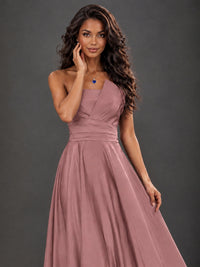 Draped Satin Prom Dress Strapless A-line Formal Dress Floor Length