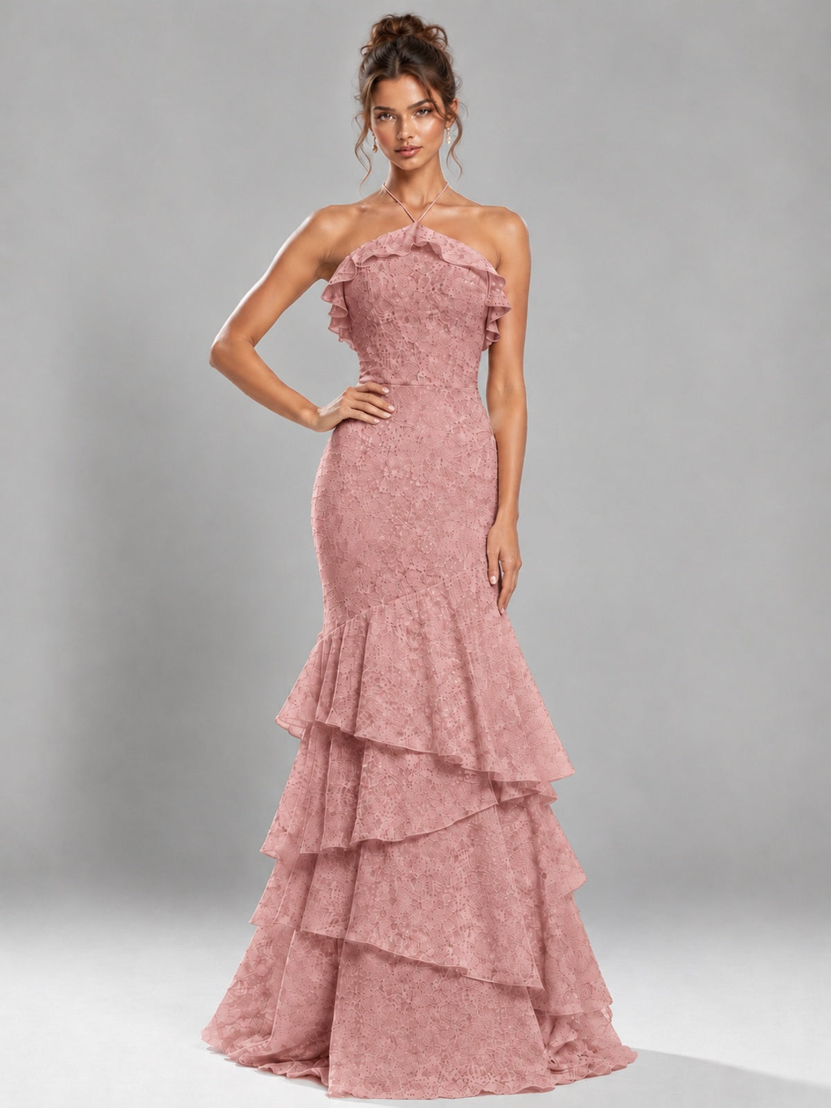 Halter Tiered Mermaid Prom Dress with Sparkly Lace