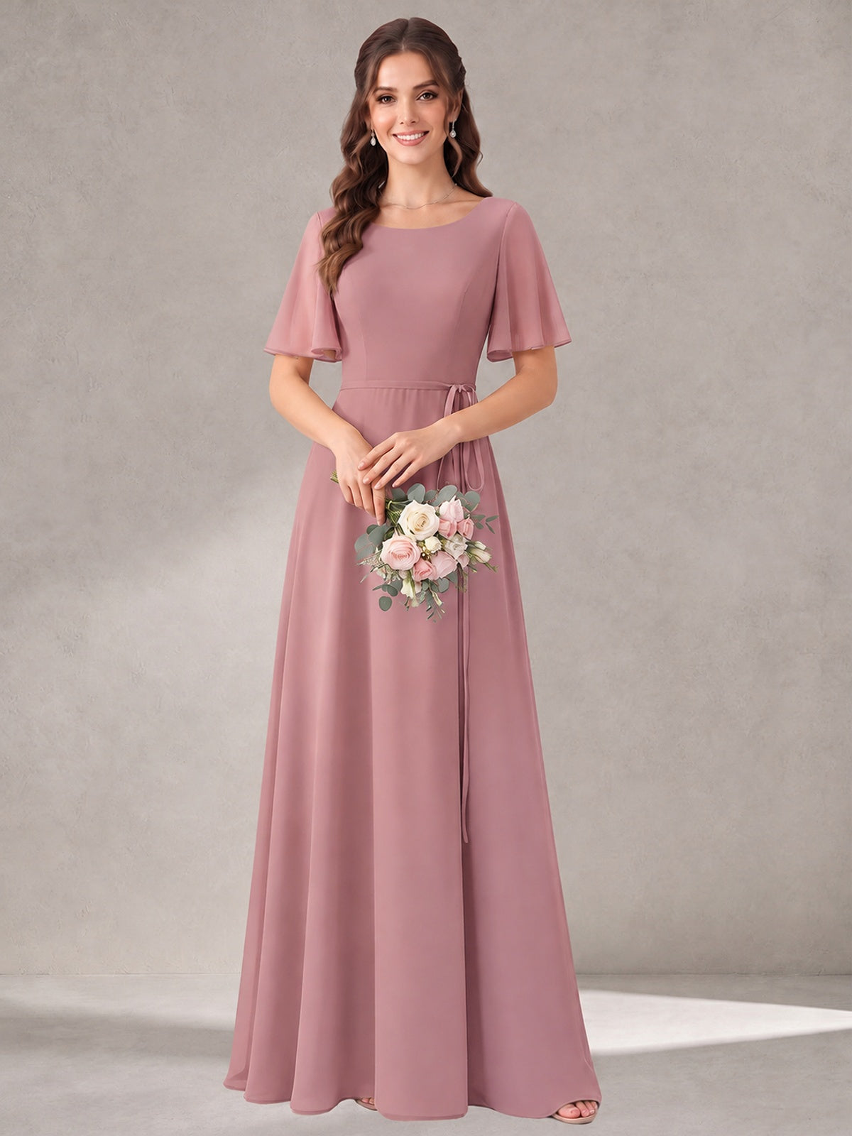 Scoop Neck A-line Chiffon Bridesmaid Dress with Flutter Sleeve & Belt