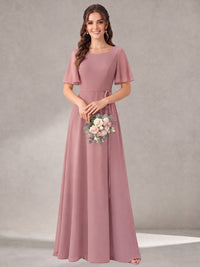 Scoop Neck A-line Chiffon Bridesmaid Dress with Flutter Sleeve & Belt