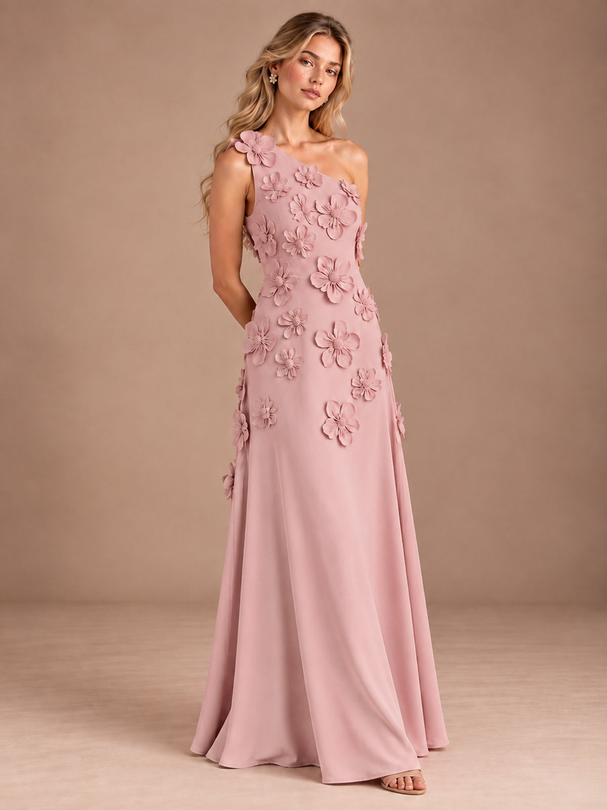 Sage Green One Shoulder Satin Formal Maxi Dress with 3D Floral