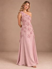 Sage Green One Shoulder Satin Formal Maxi Dress with 3D Floral