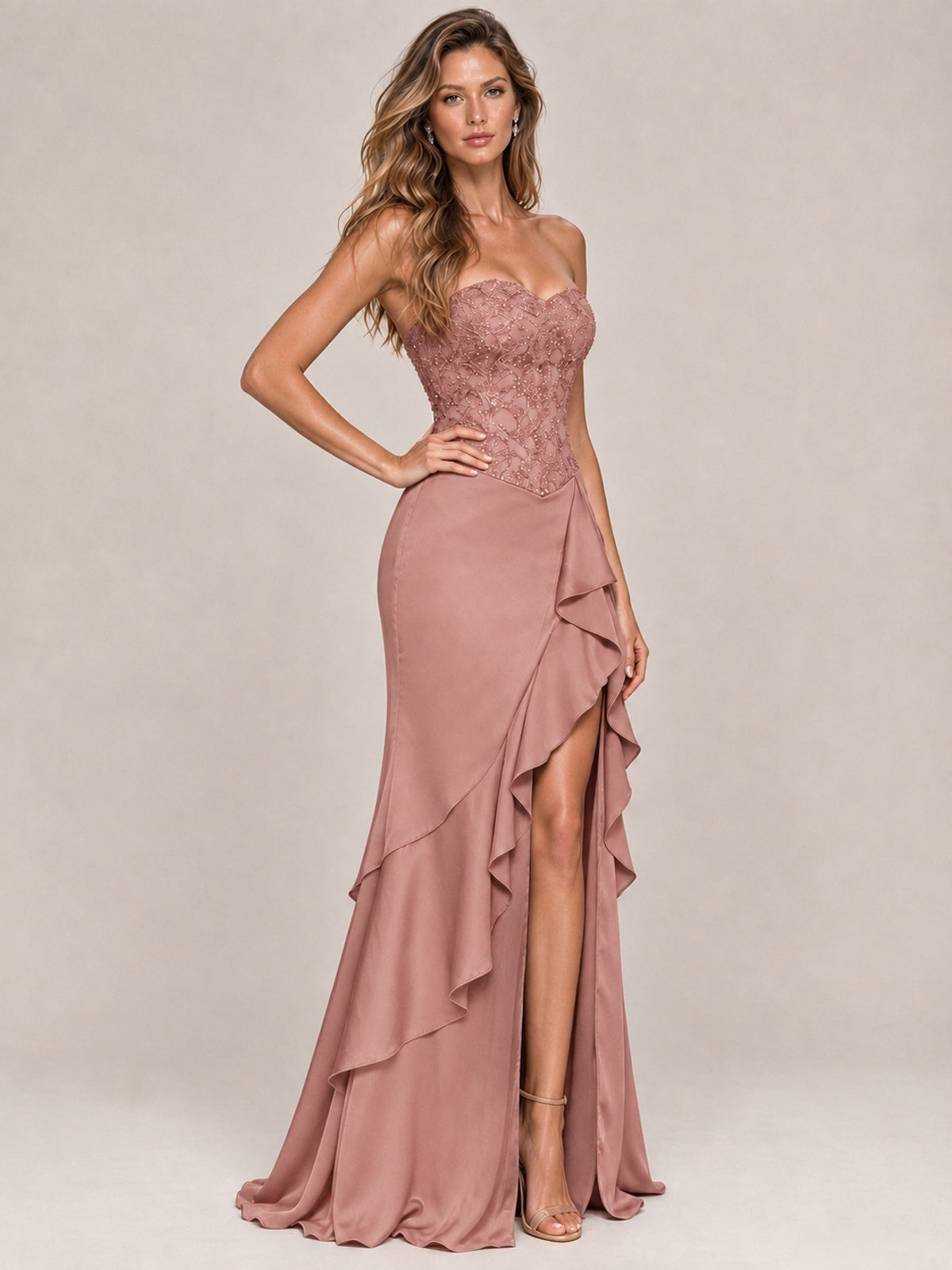 Strapless Lace Appliques Corset Satin Prom Dress Ruffle Slit Evening Gown