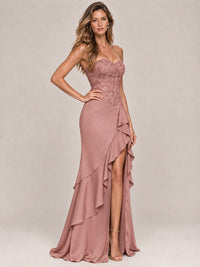 Strapless Lace Appliques Corset Satin Prom Dress Ruffle Slit Evening Gown