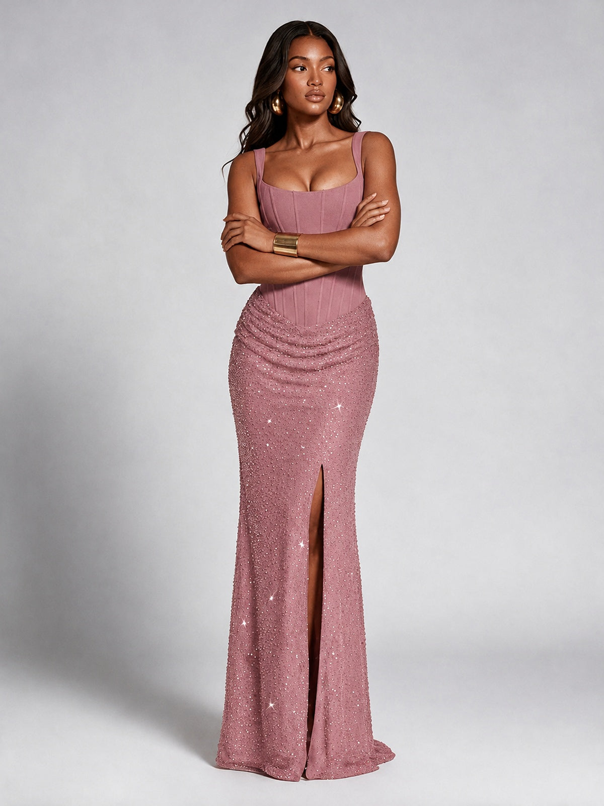 Sequin Corset Mermaid Prom Dress with Square Neck Wide Strap High Slit