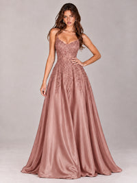 Lace Applique Satin A-Line Prom Dress with Sheer Bodice