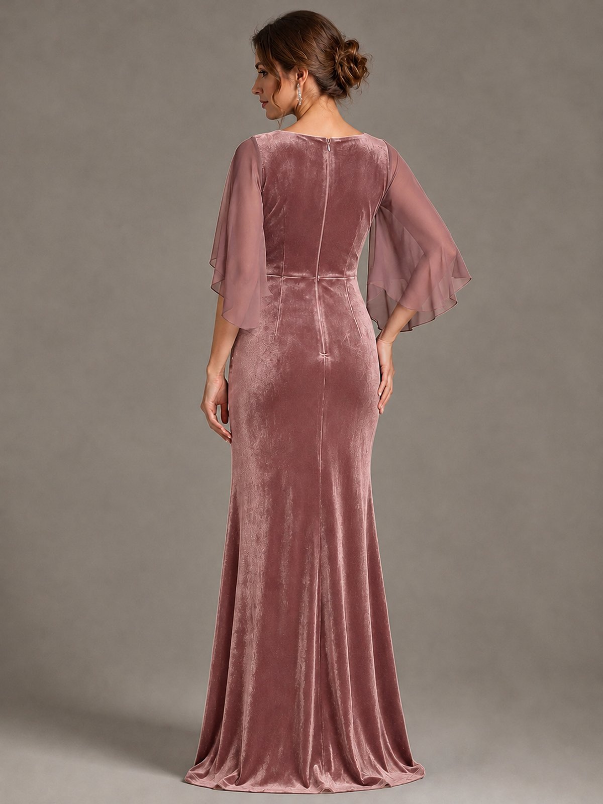 Navy Blue Velvet V Neck Mermaid Formal Dress with Flutter Cape Sleeves