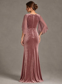 Navy Blue Velvet V Neck Mermaid Formal Dress with Flutter Cape Sleeves