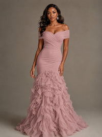 Pink Off-the-Shoulder Mermaid Prom Dress with Ruffles 3D Flowers