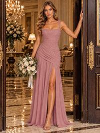Wrap Pleated Prom Dress Scoop Neck with Slit Women Wedding Formal Dress