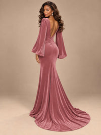 Burgundy Velvet Deep V-Neck Ruched Long Sleeve Maxi Dress