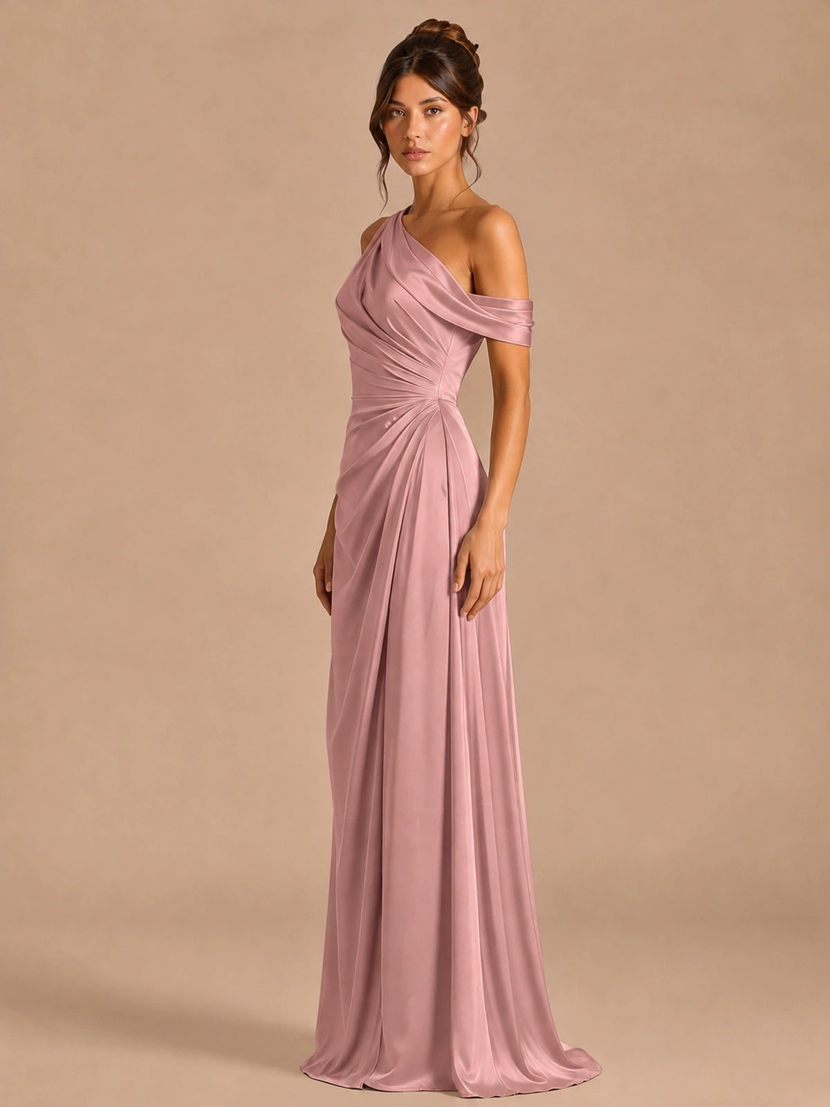 Satin One Shoulder Prom Dress Ruched Long Formal Evening Gown