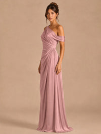 Satin One Shoulder Prom Dress Ruched Long Formal Evening Gown