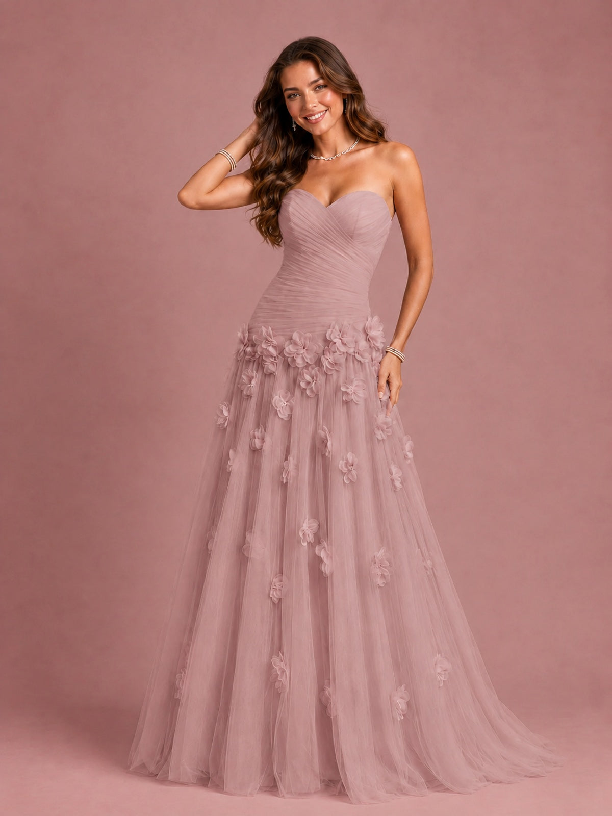 Blush Pink Strapless Sweetheart 3D Floral Tulle Ball Gown Prom Dres