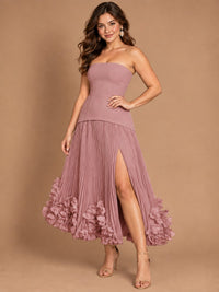 Navy Blue Strapless Pleated A-Line Midi Dress with 3D Floral Applique