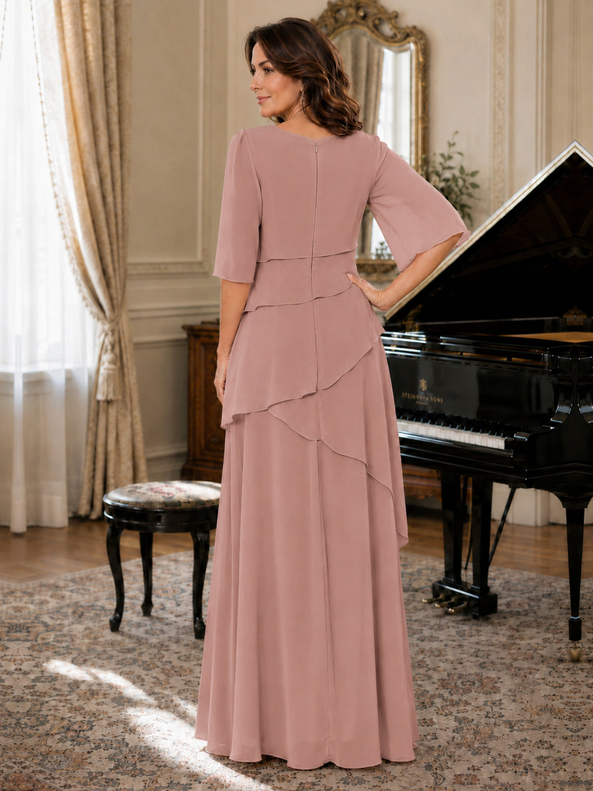 Asymmetric Draped Chiffon Mother of the Bride Dress with Flutter Sleeves