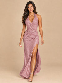 Halter V-Neck Sequin Mermaid Prom Dress with High Slit