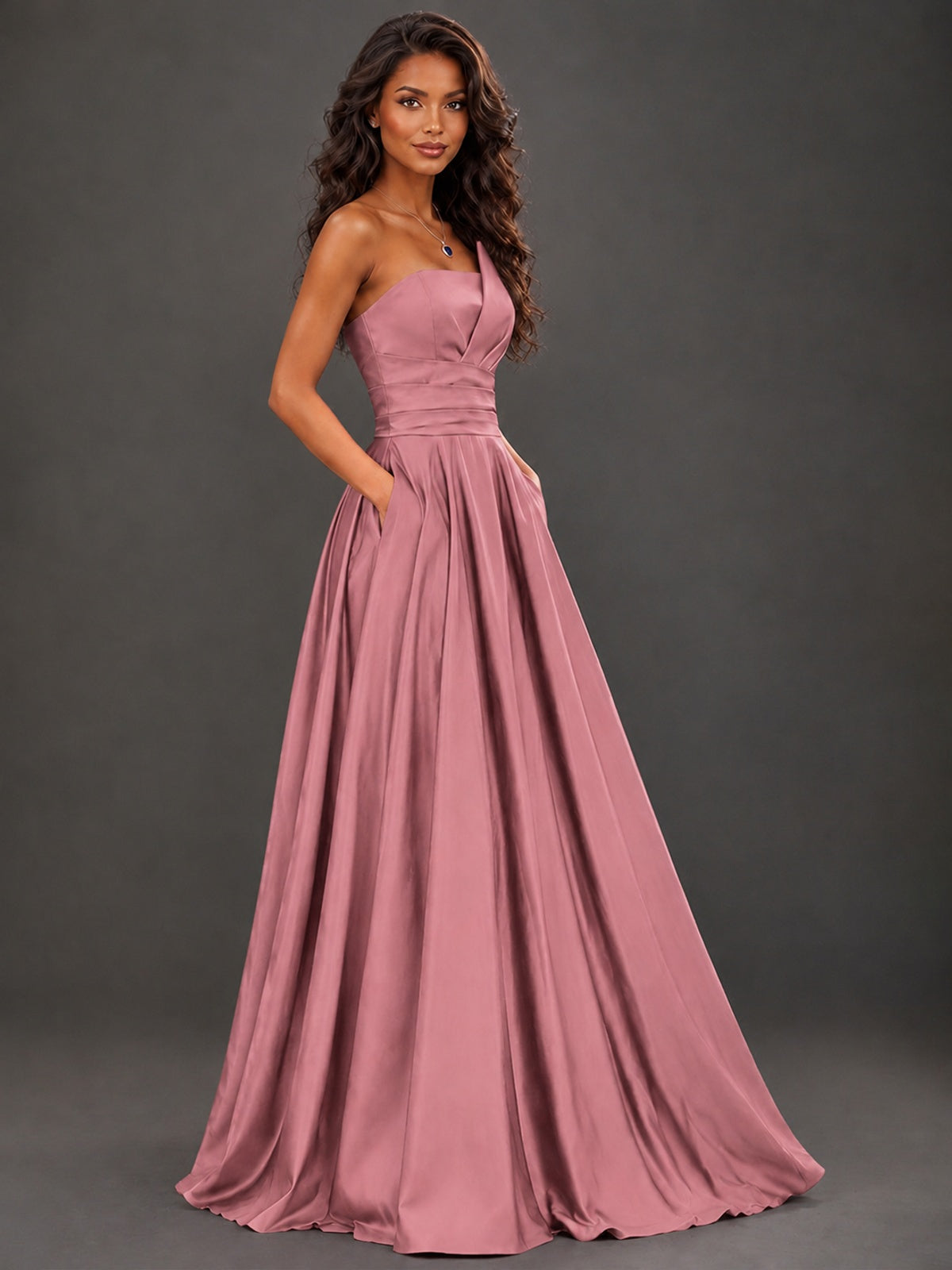 Draped Satin Prom Dress Strapless A-line Formal Dress Floor Length
