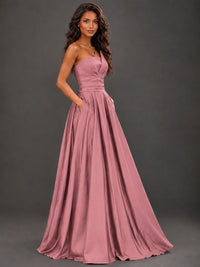 Draped Satin Prom Dress Strapless A-line Formal Dress Floor Length