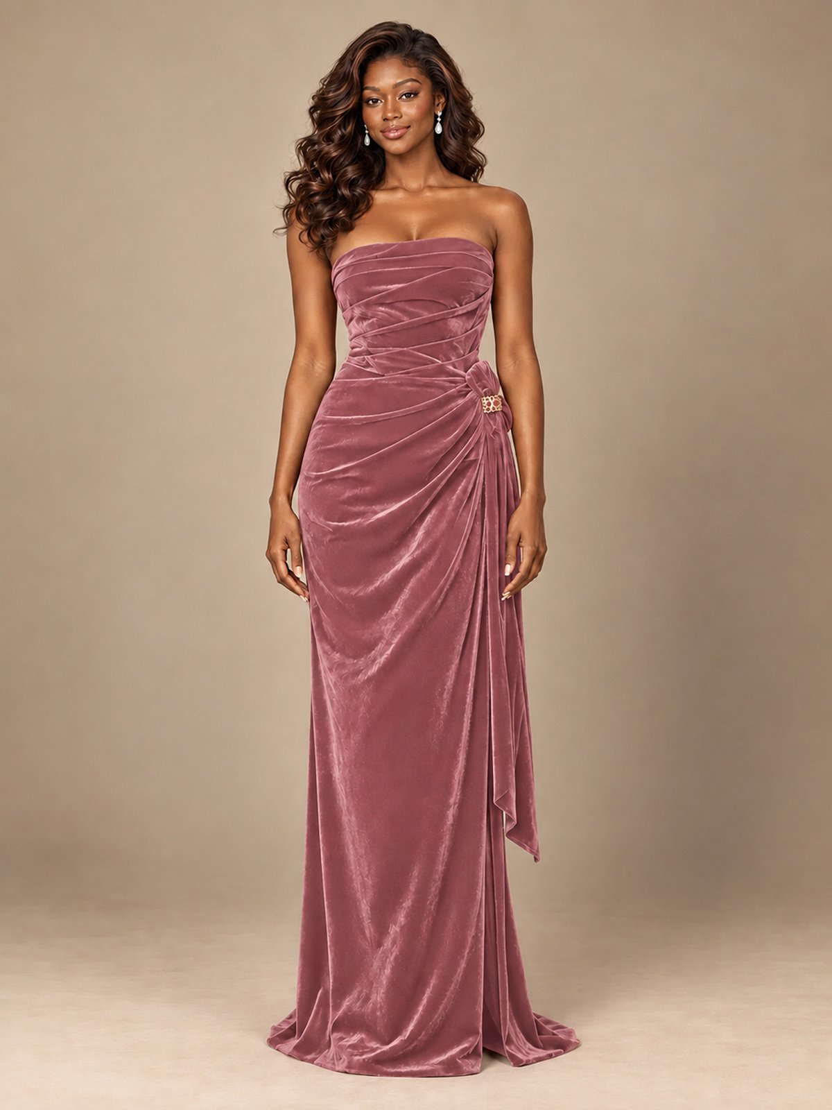 Burgundy Velvet Strapless Ruched Prom Dress with Jeweled Side Drape