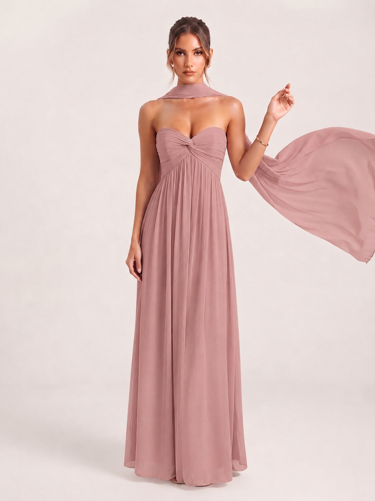 Strapless Ruched Chiffon Long Prom Dress with Scarf