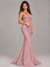 Strapless Corset Mermaid Prom Dress Lace Appliqué Formal Gown