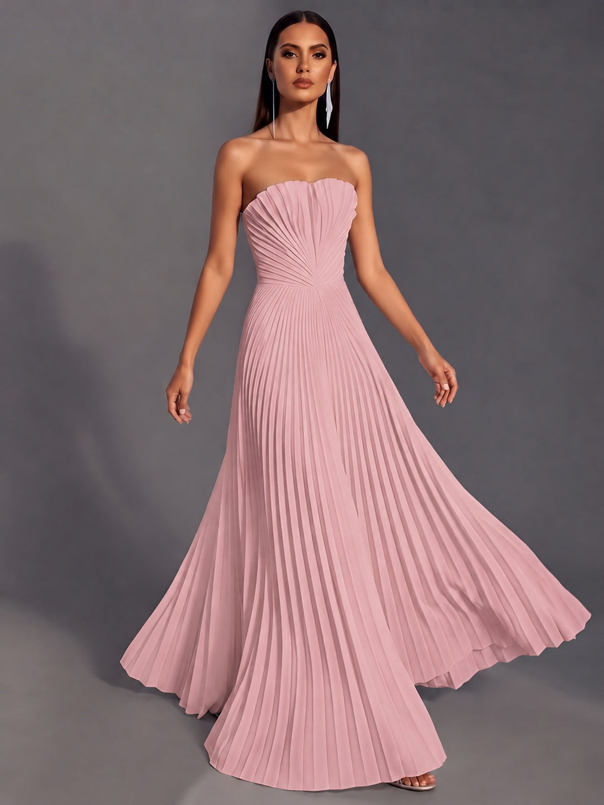 Strapless A-line Long Pleated Satin Prom Dress