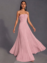 Strapless A-line Long Pleated Satin Prom Dress