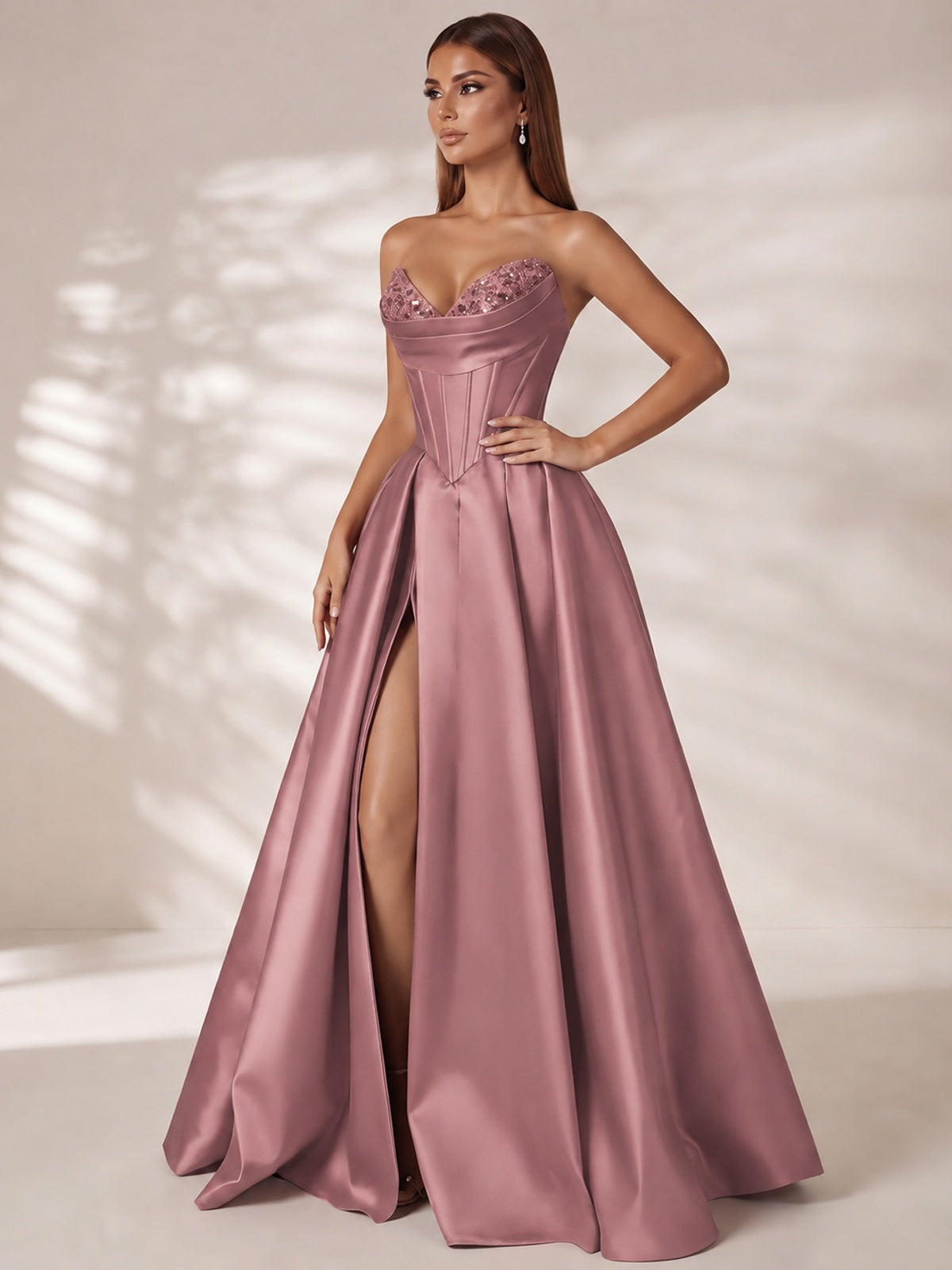 Strapless Corset Satin Prom Dress Long Evening Gown with High Slit