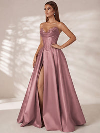 Strapless Corset Satin Prom Dress Long Evening Gown with High Slit