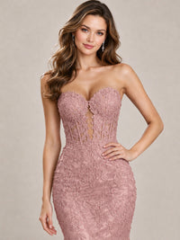 Strapless Corset Mermaid Prom Dress with Floral Lace Appliqué