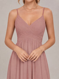 V-Neck Pleated Chiffon Long Bridesmaid Dress with Slit