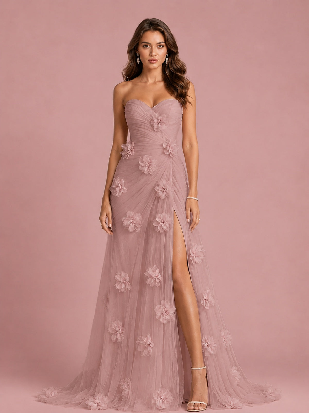 3D Floral Applique Strapless Tulle Prom Dress with High Slit