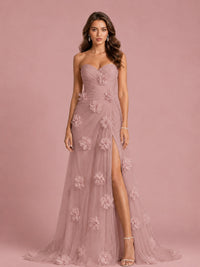 3D Floral Applique Strapless Tulle Prom Dress with High Slit