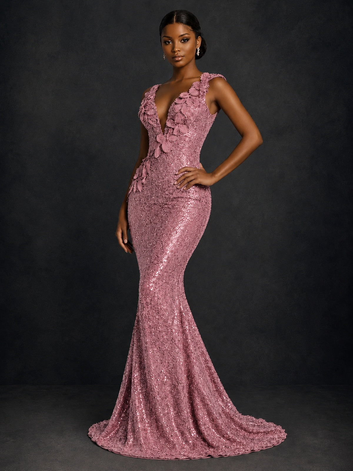 Gold Sequin Floral Applique Mermaid Prom Dress