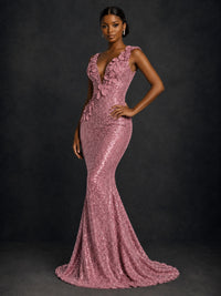 Gold Sequin Floral Applique Mermaid Prom Dress
