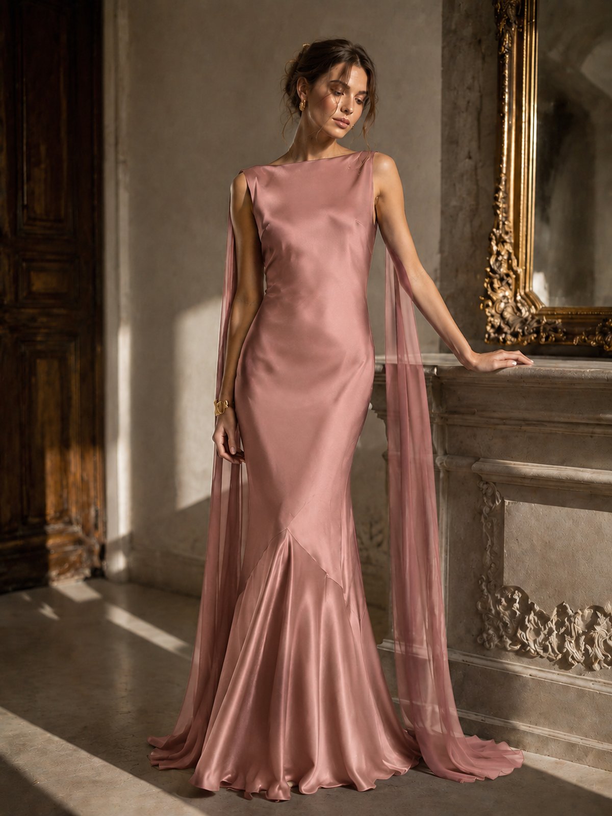 Burgundy Satin Mermaid Cape Maxi Dress
