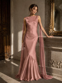 Burgundy Satin Mermaid Cape Maxi Dress