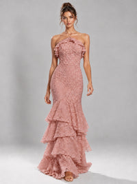 Halter Tiered Mermaid Prom Dress with Sparkly Lace