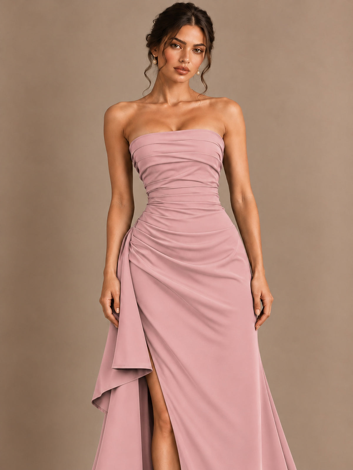 Black and White Strapless Ruched Prom Dress with High Slit & Side Drape