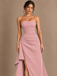 Black and White Strapless Ruched Prom Dress with High Slit & Side Drape