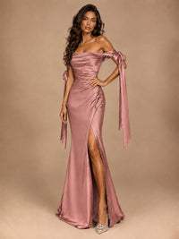 Off The Shuolder Satin Prom Dress Slit Mermaid Formal Gowns