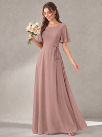 Scoop Neck A-line Chiffon Bridesmaid Dress with Flutter Sleeve & Belt