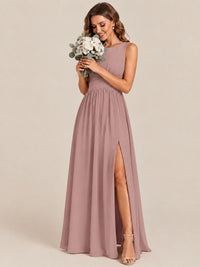 A-line Sleeveless Rucehd Chiffon Bridesmaid Dress with High Slit