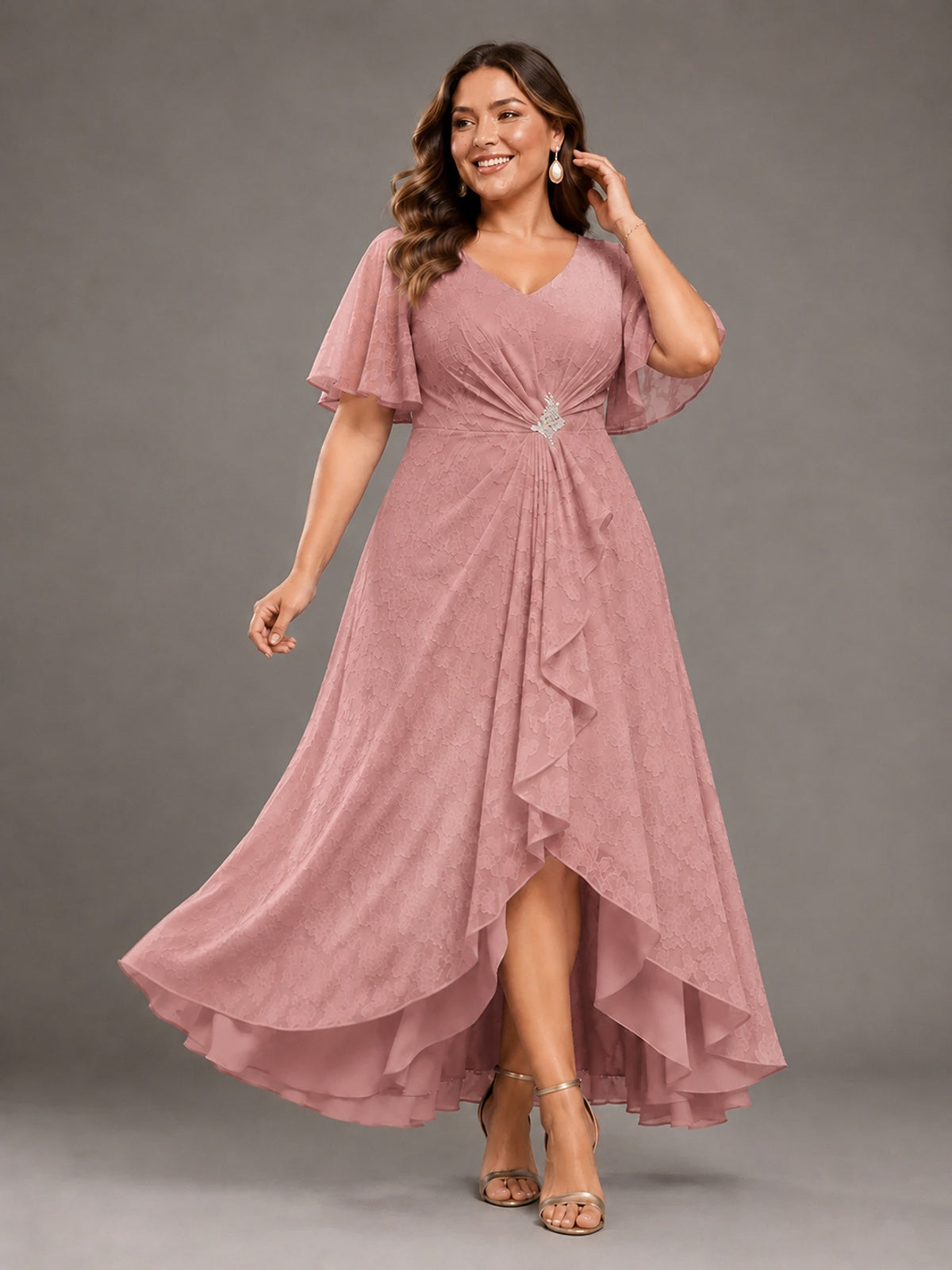 Jacquard Chiffon A-Line V-Neck High-Low Mother of the Bride Dress