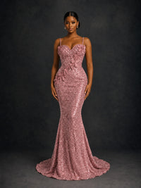 Sequin Mermaid Prom Dress with Floral Applique