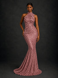 Sparkly Sequin High Neck Mermaid Prom Dress