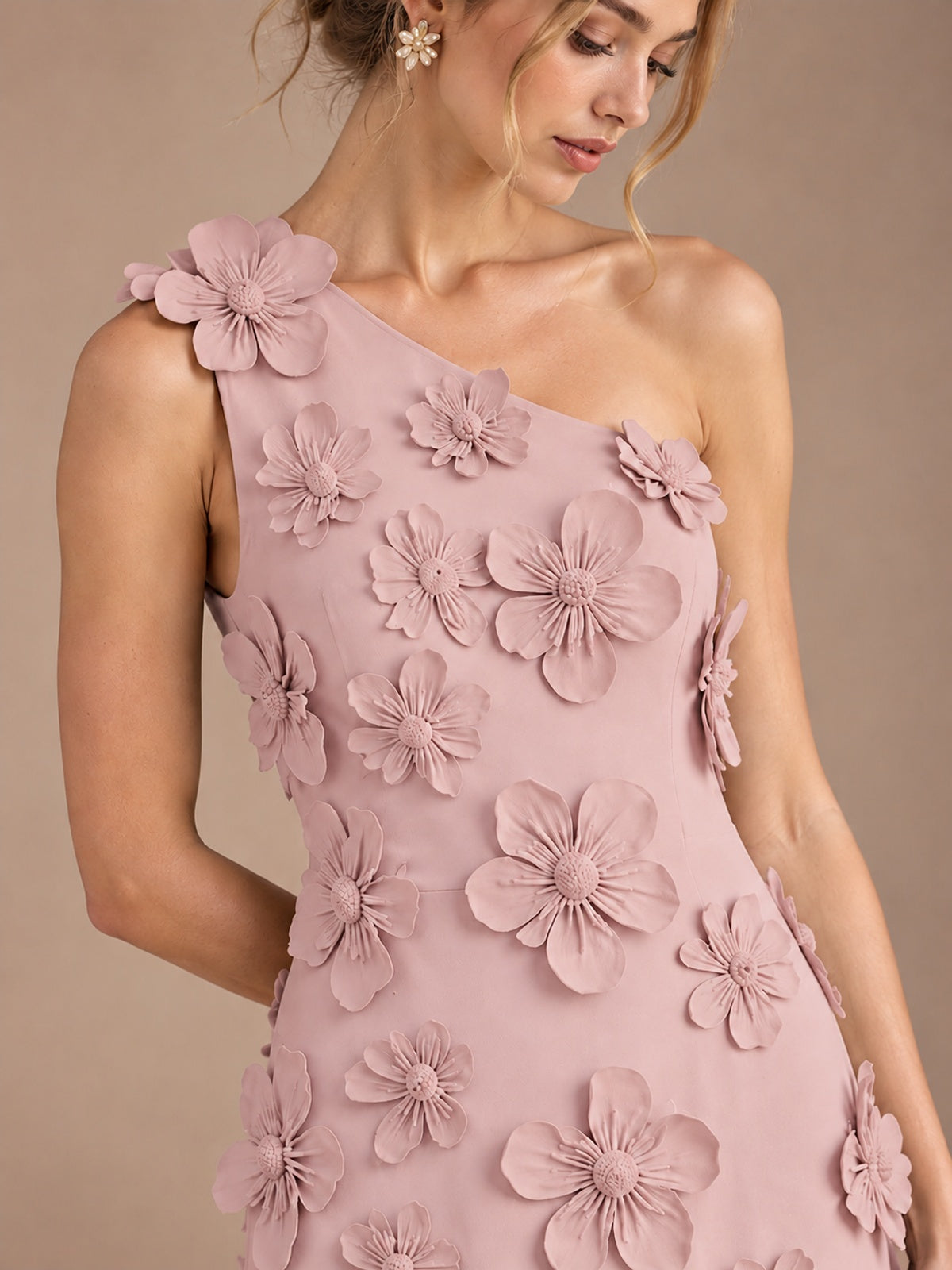 Sage Green One Shoulder Satin Formal Maxi Dress with 3D Floral