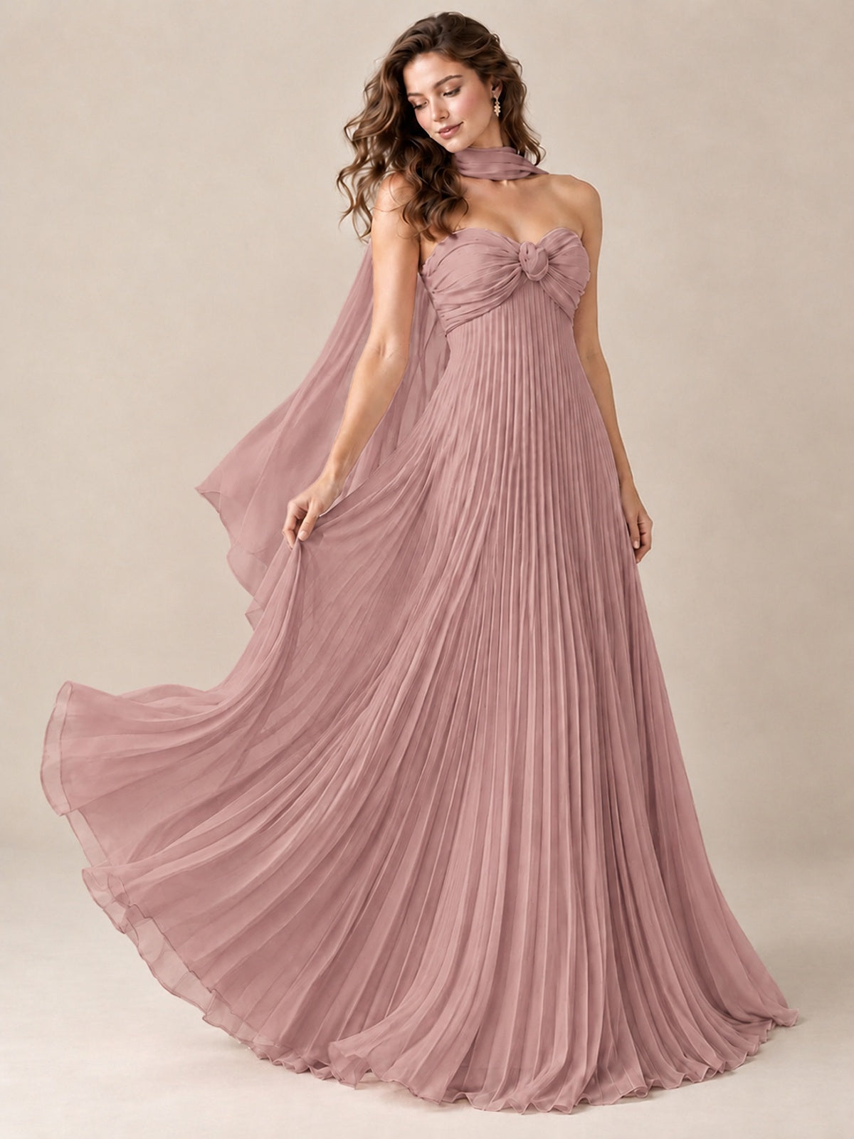 Sweetheart Neckline Pleated Prom Dress Strapless A-line Formal Dress with Flowy Scarf