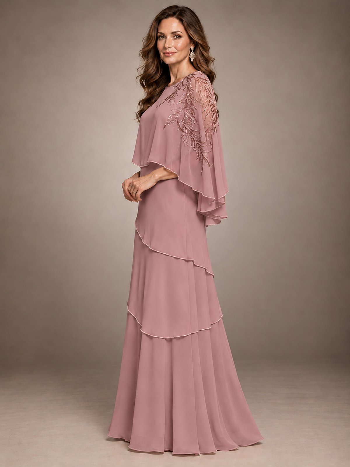 Elegant Chiffon Cape Sleeve Beaded Mother of the Bride Dress